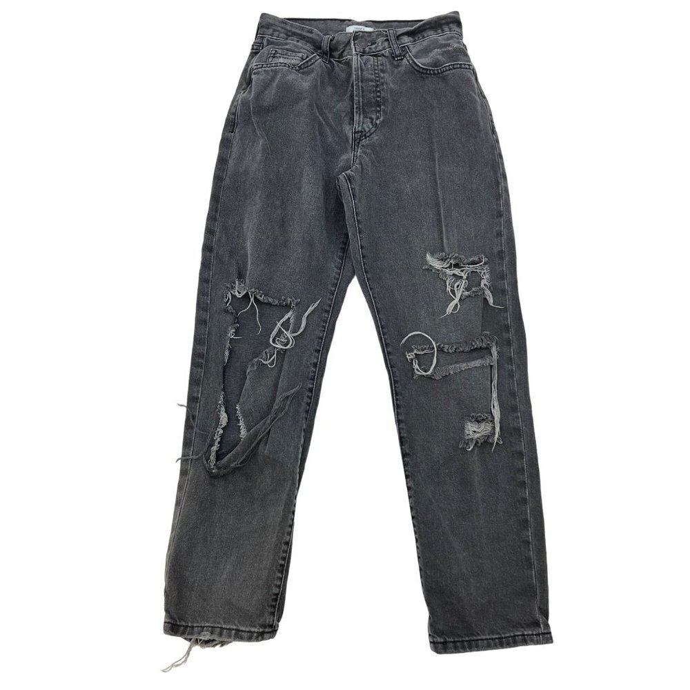 Forever 21 Premium Womens Mid Rise Distressed Straight Leg Jeans Gray Size 25